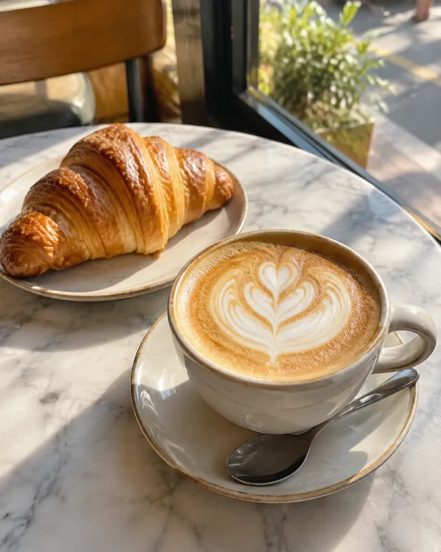 Cappuccino and croissant on a marble cafe table, an image made with ChatGPT